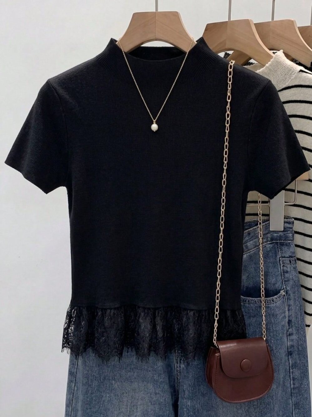 Black Casual Women's Lace Patchwork Knit Top